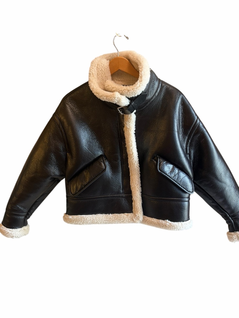 ZARA Black Faux Leather Cream Fleece Lined Sz Small Blogger Favorite - Picture 3 of 10